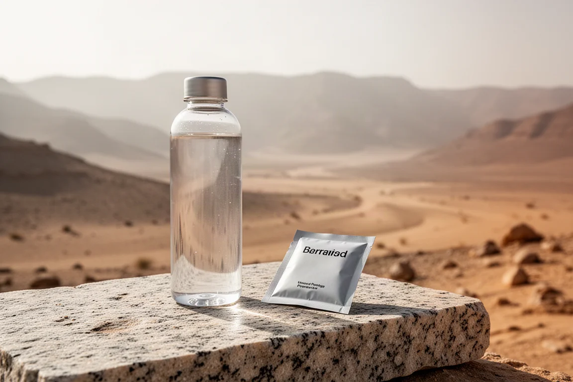 Trinkflasche und ungebrandetes Pulverpäckchen auf einer sonnenbeschienenen Granitplatte über einem trockenen Wüstental