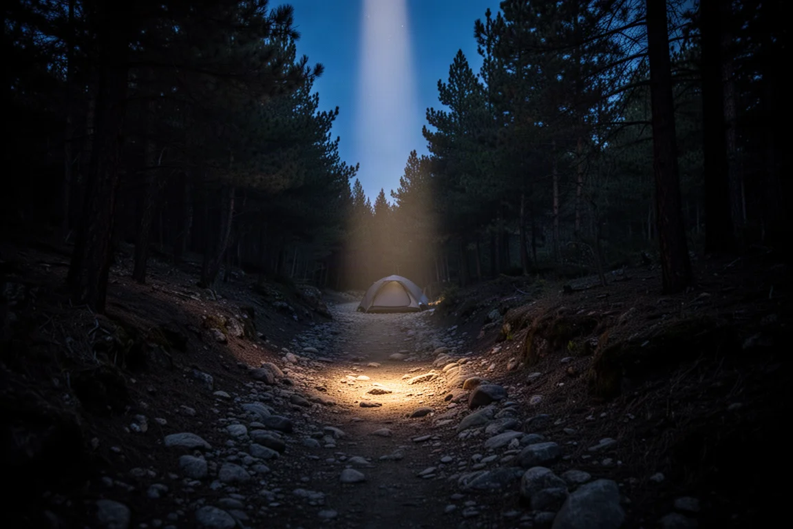 Schmaler Lichtstrahl kreuzt nachts einen felsigen Waldweg mit fernem Zeltleuchten