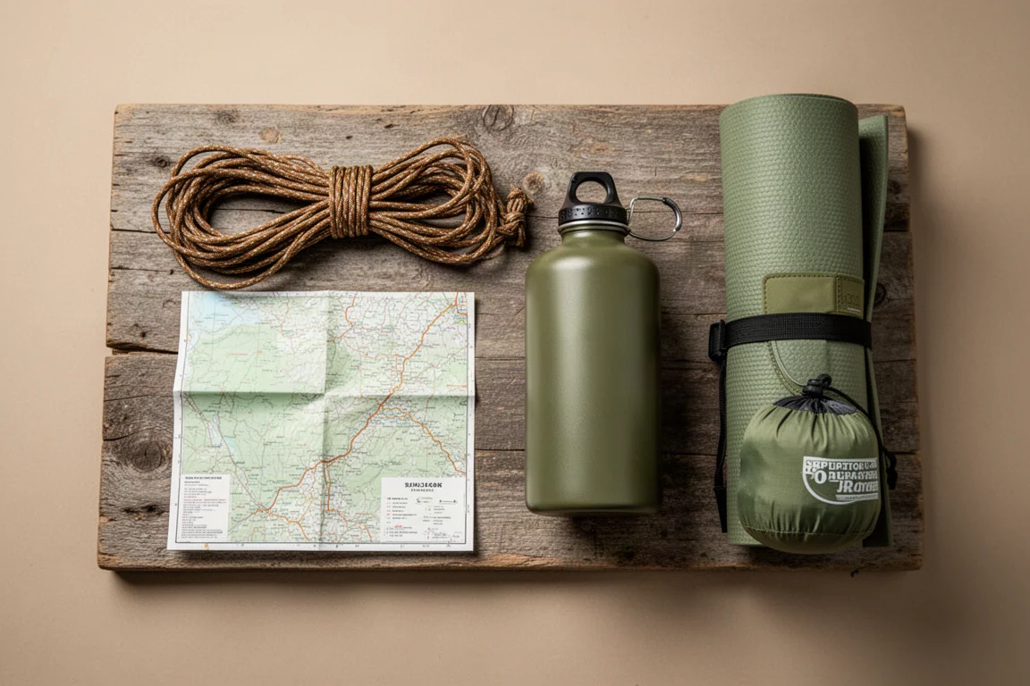 Flache Draufsicht auf Backpacking-Essentials auf verwittertem Holz bei weichem Fensterlicht