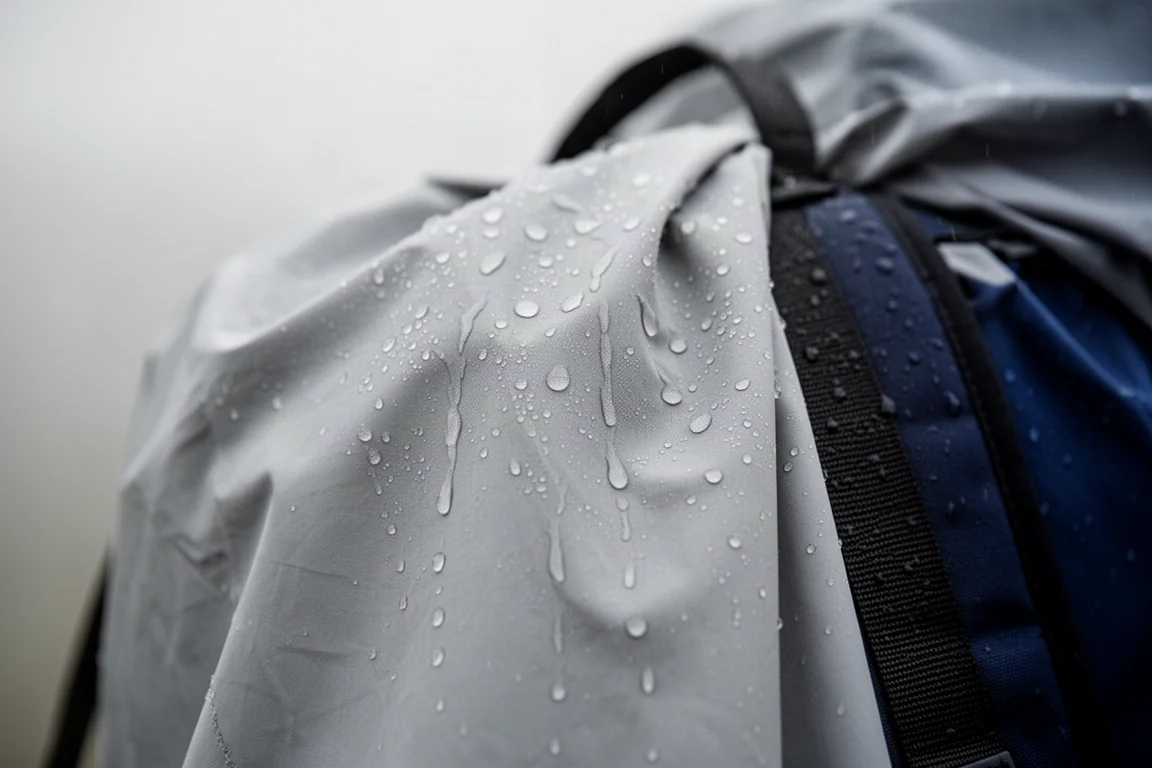 雨水在輕量防水外套布料表面形成水珠,布料披掛在背包肩帶上