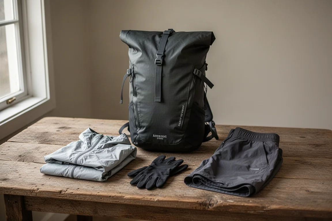 Ultralight backpack, folded rain shell, black gloves, and rolled hiking shorts on weathered wood