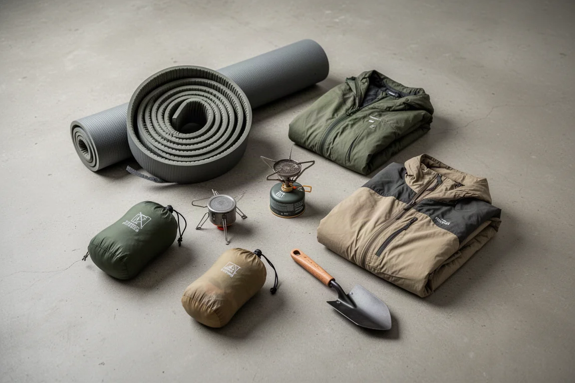 Overhead flat-lay of ultralight backpacking gear arranged on a concrete floor