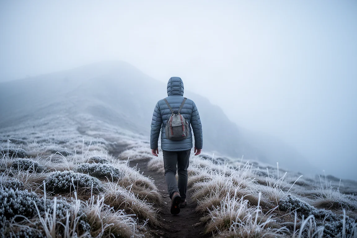 Hiker in a lightweight down jacket walking a frosty mountain trail in morning mist