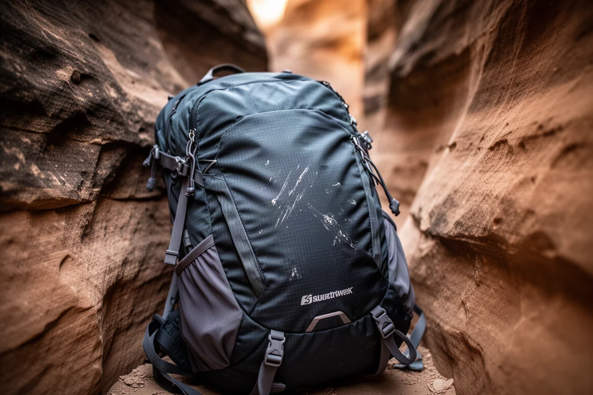 Lightweight hiking pack fabric scuffed against rough sandstone in a narrow canyon