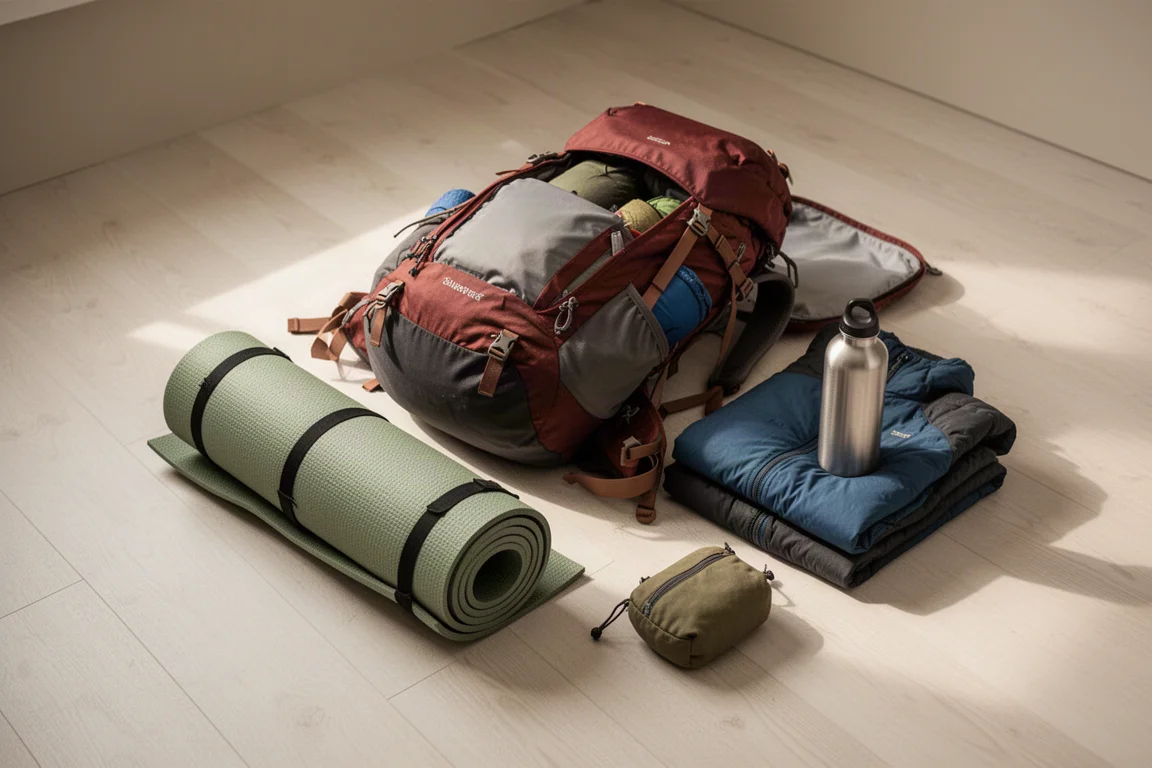 Open hiking backpack with gear sorted around it on a pale wooden floor
