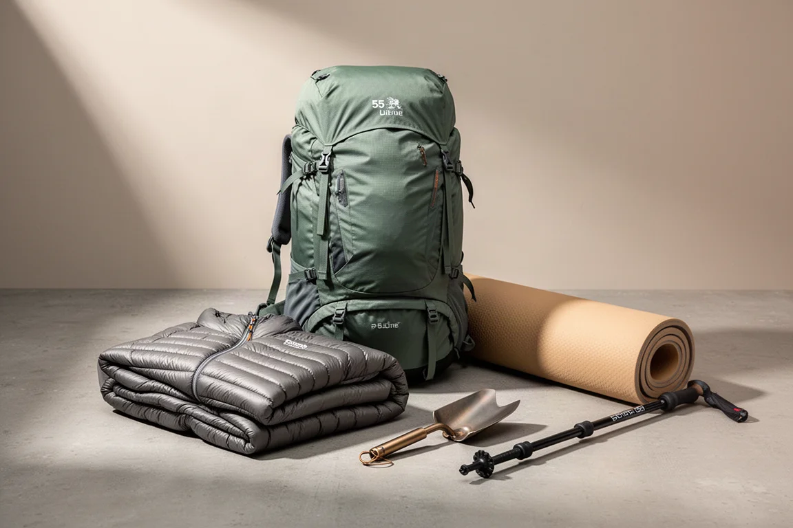 Ultralight backpacking gear arranged on a concrete surface for a buying guide