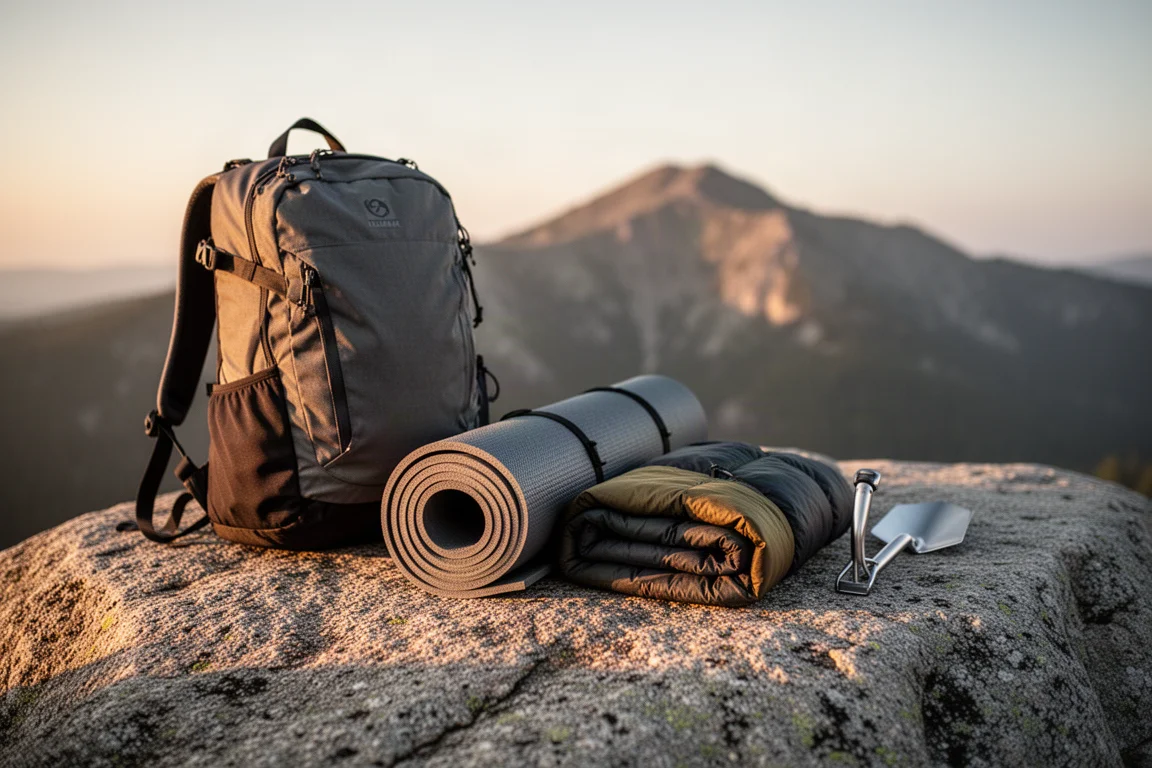 Backpacking-Ausrüstung auf einer Granitplatte zur goldenen Stunde mit Bergkamm im Hintergrund