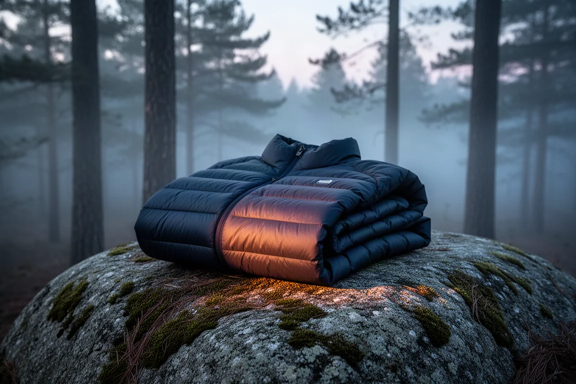 Gefaltete Daunenjacke auf moosbewachsenem Granitblock im nebligen Kiefernwald im Morgengrauen