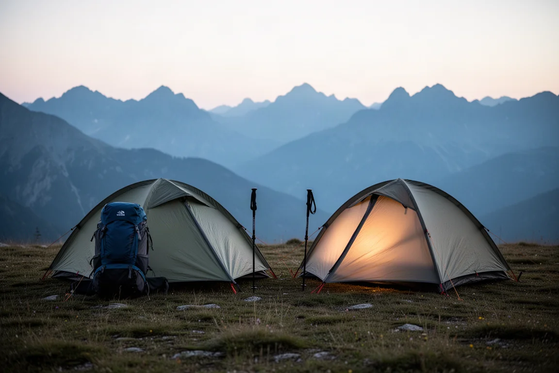 Zwei Trekkingstock-Zelte auf einem alpinen Plateau in der Dämmerung mit Bergen im Hintergrund