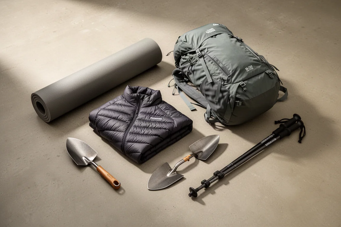 Flach liegende Backpacking-Ausrüstung mit Isomatte, Daunenjacke, Rucksack und Trowel auf Beton