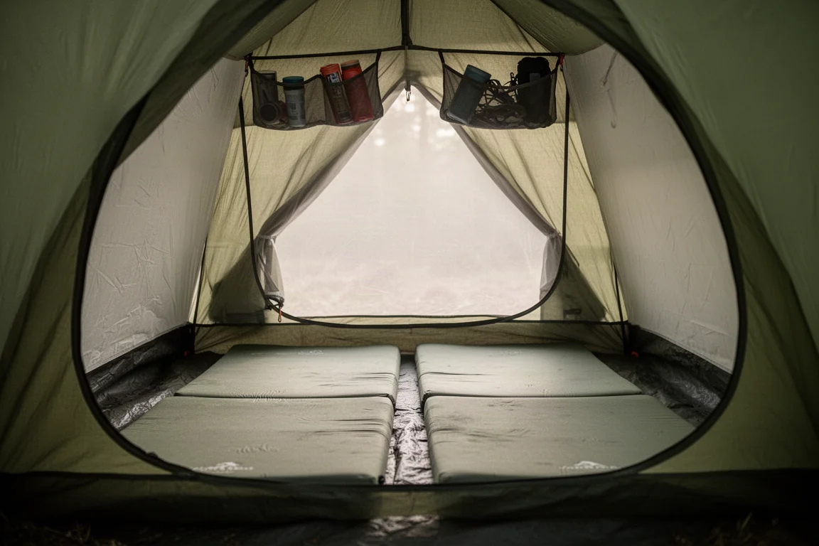 Tweepersoons backpackingstent op een winderige alpine kampeerplek in de open lucht