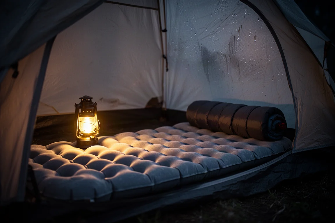Opgeblazen slaapmat met noppenprofiel en slaapzak in een tent bij nacht