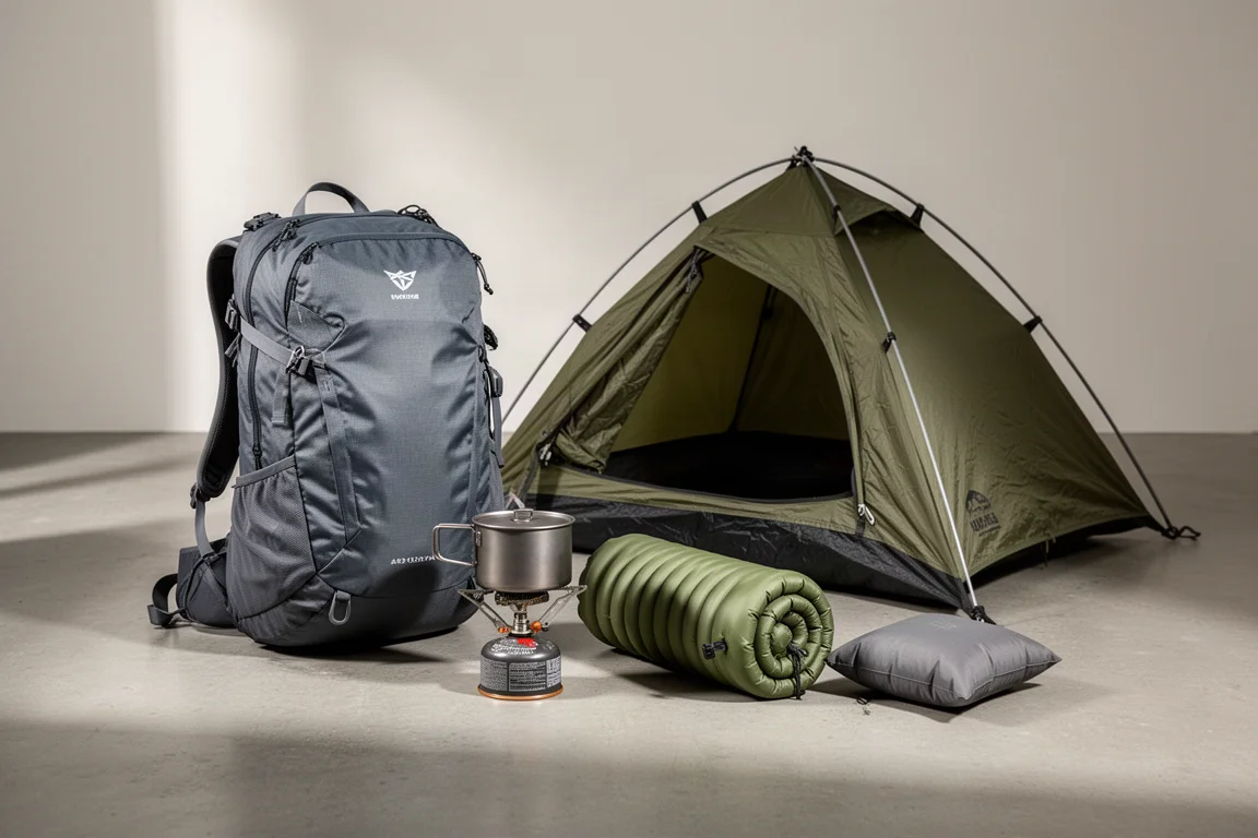 Backpacking gear layout with pack, tent, stove, sleeping pad and pillow on weathered wood