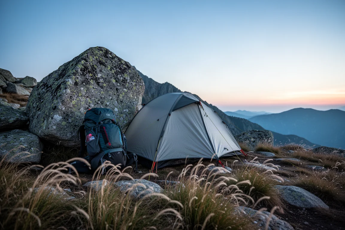 Bergcampsite in der Dämmerung mit einem flachen Zelt und einem beladenen Wanderrucksack