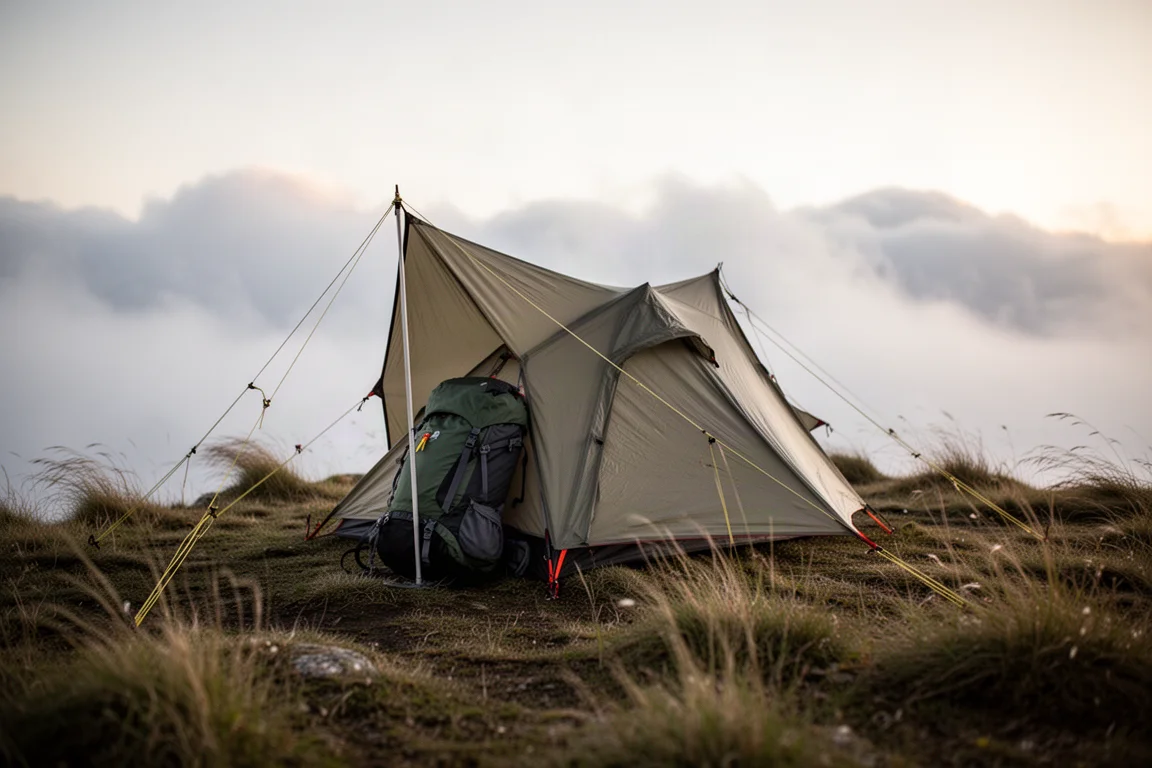 Trekkingzelt auf einem exponierten Grat abgespannt mit windgebeugtem Gras