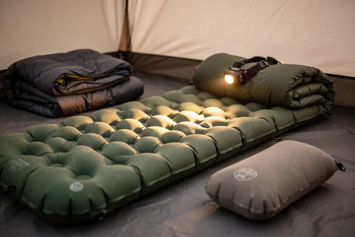 Aufgeblasene Isomatte mit genoppten Kammern auf einem Zeltboden neben einem Schlafsack