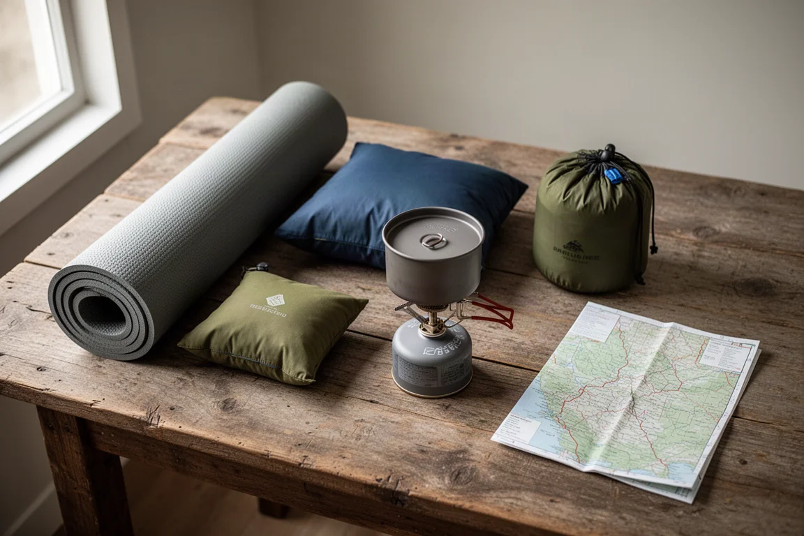 Draufsicht auf flach ausgelegte Trekking-Schlaf- und Kochausrüstung auf einem Holztisch