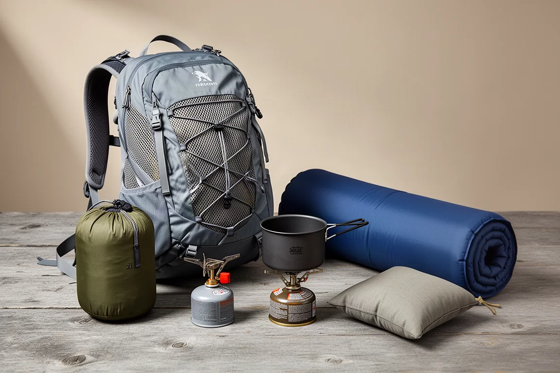 Backpack, tent, stove, sleeping pad and camping pillow arranged on a wooden surface