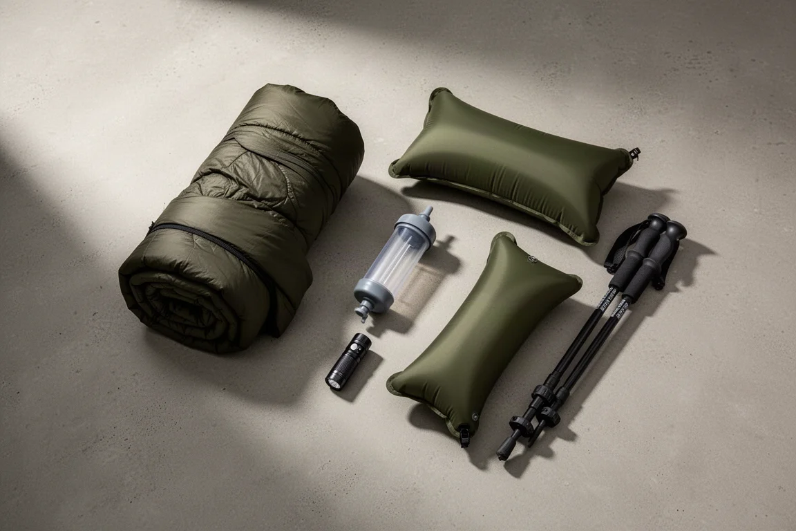 Overhead flat-lay of backpacking gear including a quilt, water filter, pillow, and flashlight on concrete