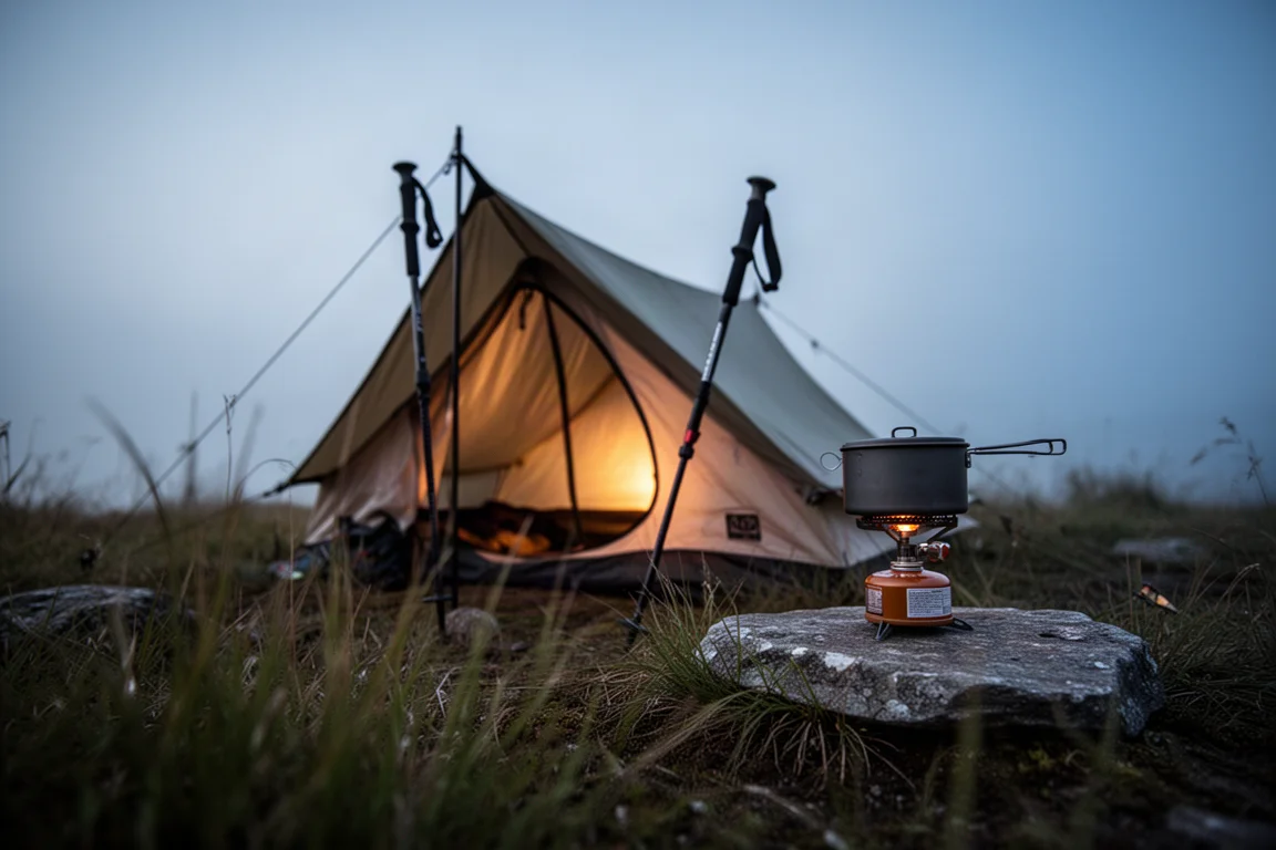 Kampeerplek in de wildernis bij schemer met een kleine verlichte tent en kookopstelling op een platte rots