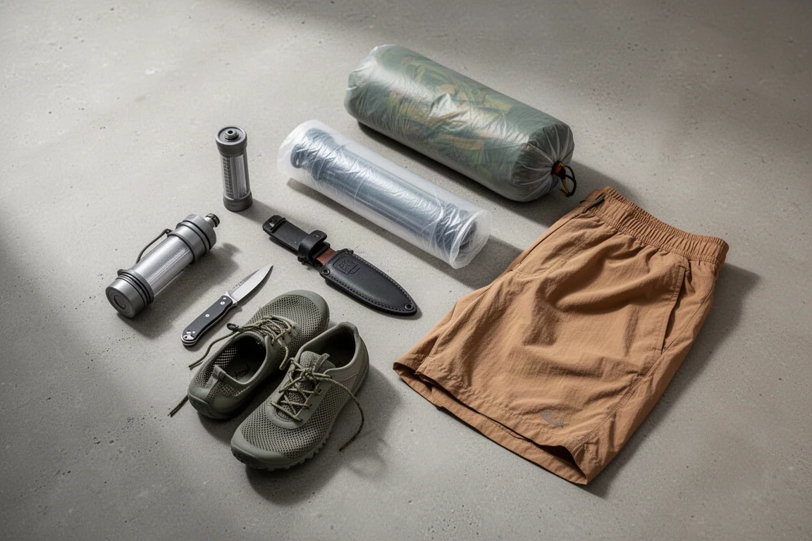 Overhead layout of backpacking gear including a water filter, knives, pack liner, camp shoes and hiking shorts