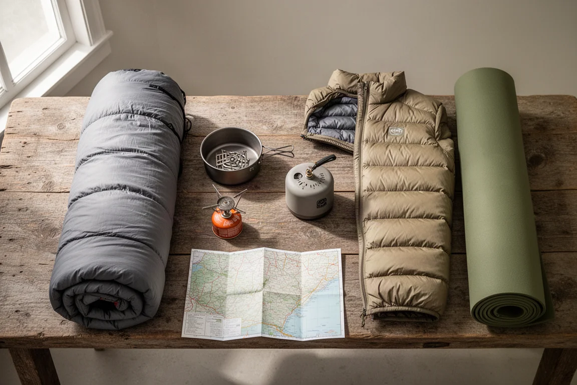 Draufsicht auf flach ausgelegte Backpacking-Ausrüstung mit Schlafsack, Kochtopf und Daunenjacke