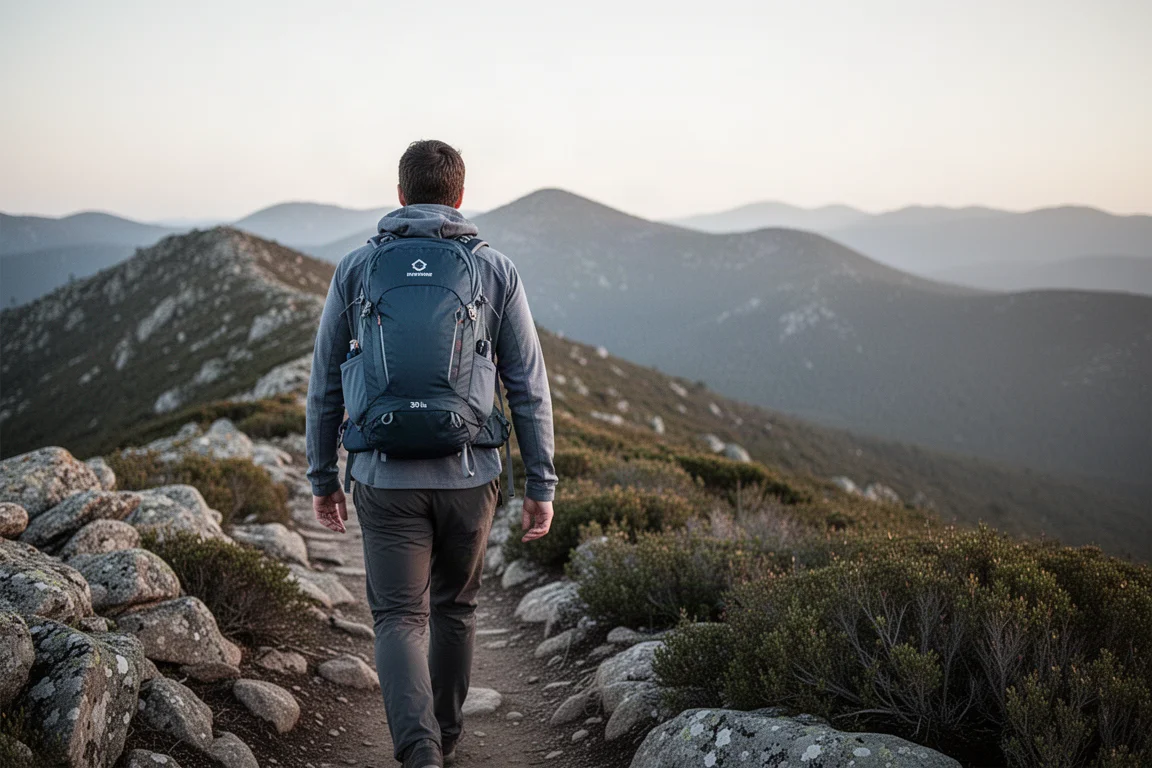 Von hinten gesehener Wanderer auf einem steinigen Gratweg mit beladenem Tagesrucksack