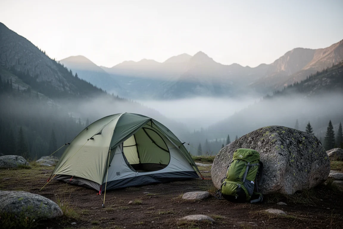 Wildnis-Campingplatz im ersten Licht mit flachem Zelt und Rucksack an einem Felsen