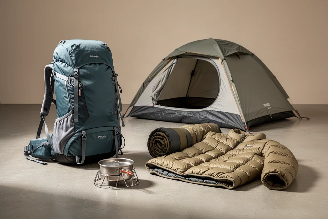 Assorted backpacking gear on a concrete surface including a pack, tent, sleeping bag and cook pot