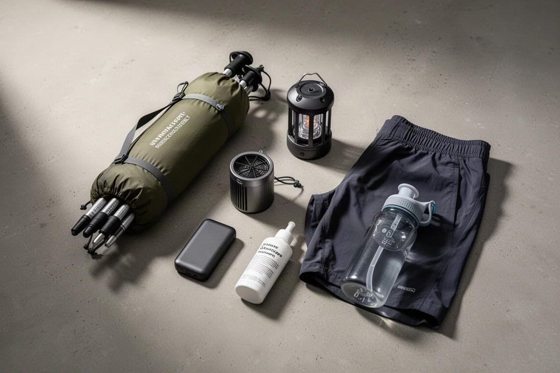 Backpacking gear including a packed tent, repellent lantern, power bank, gear care bottle, shorts, and purifier