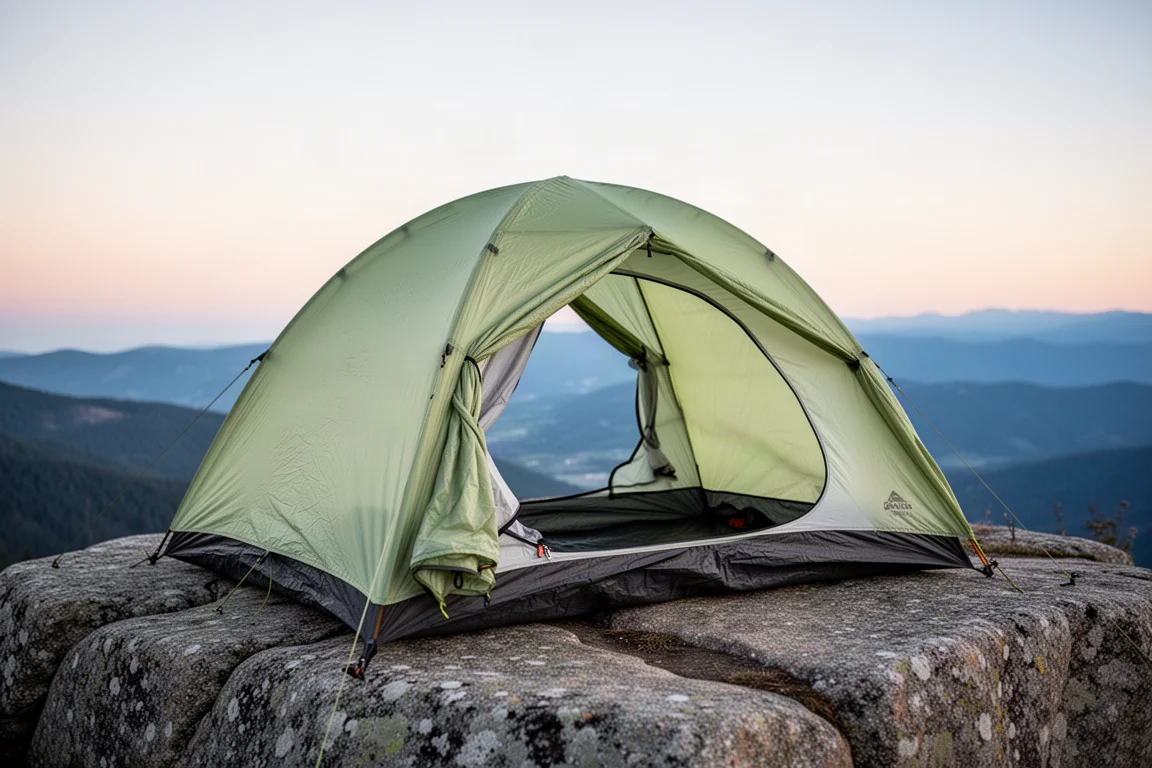 Tienda de trekking ultraligera montada en una repisa de granito al atardecer con la puerta enrollada y abierta