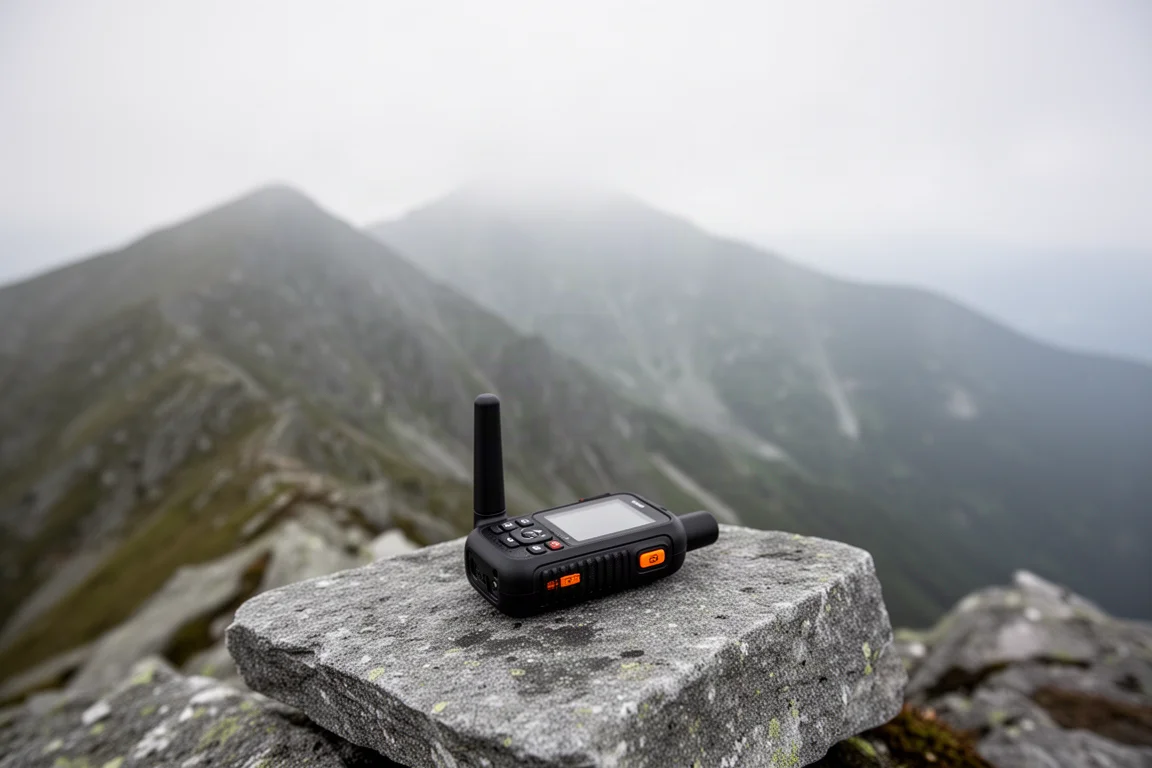 Comunicador satelital compacto sobre una roca plana en una cresta de montaña