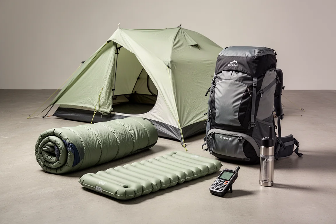 Attrezzatura da backpacking tra cui una tenda, un sacco a pelo, un materassino, uno zaino, un comunicatore e una borraccia filtrante su cemento