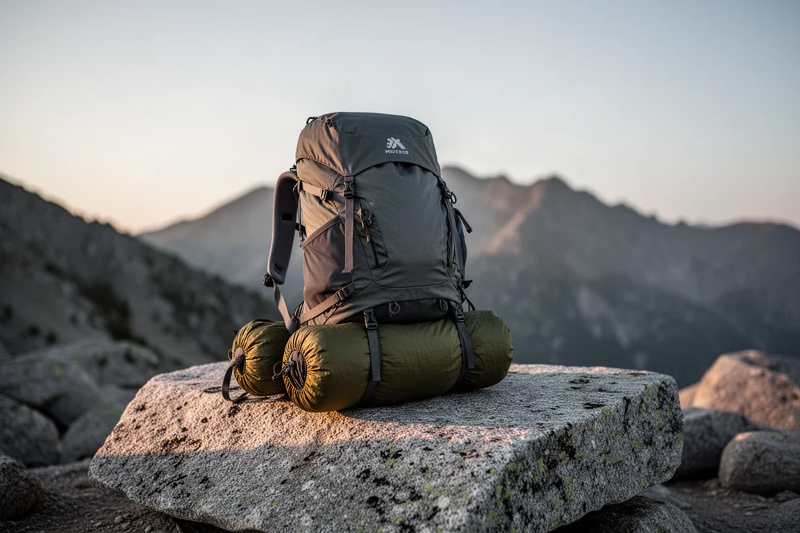 Sac à dos de randonnée posé debout sur du granite à un camp d'altitude, avec un abri sanglé en dessous