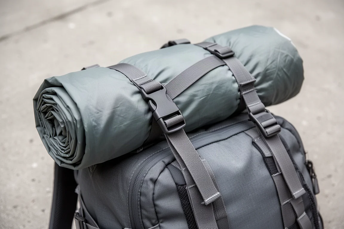 Tente roulée sanglée au sommet d'un sac à dos avec des sangles et des boucles