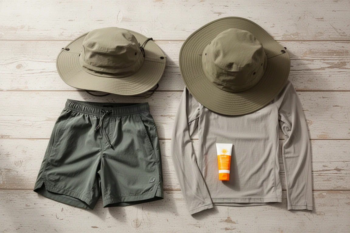 Vue à plat de vêtements de randonnée par temps chaud : short, chapeau, chemise à manches longues et crème solaire