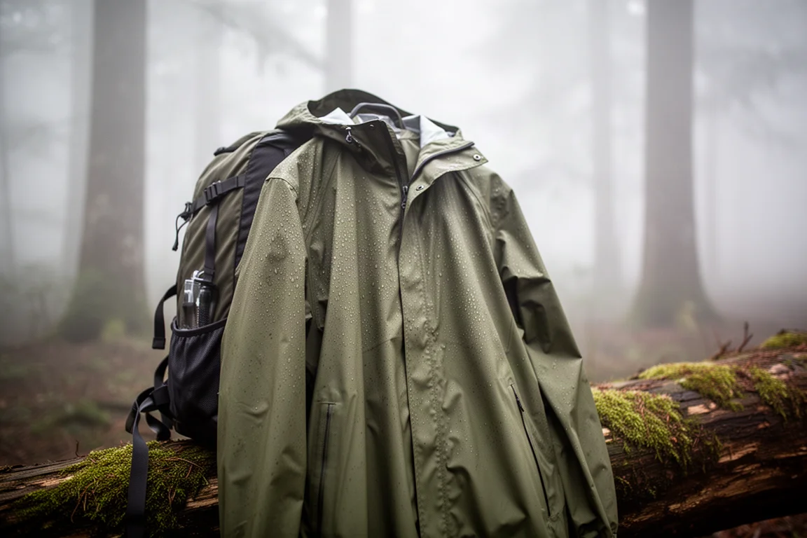 Veste de pluie drapée sur un sac à dos dans une forêt brumeuse, avec des gouttes perlant sur le tissu