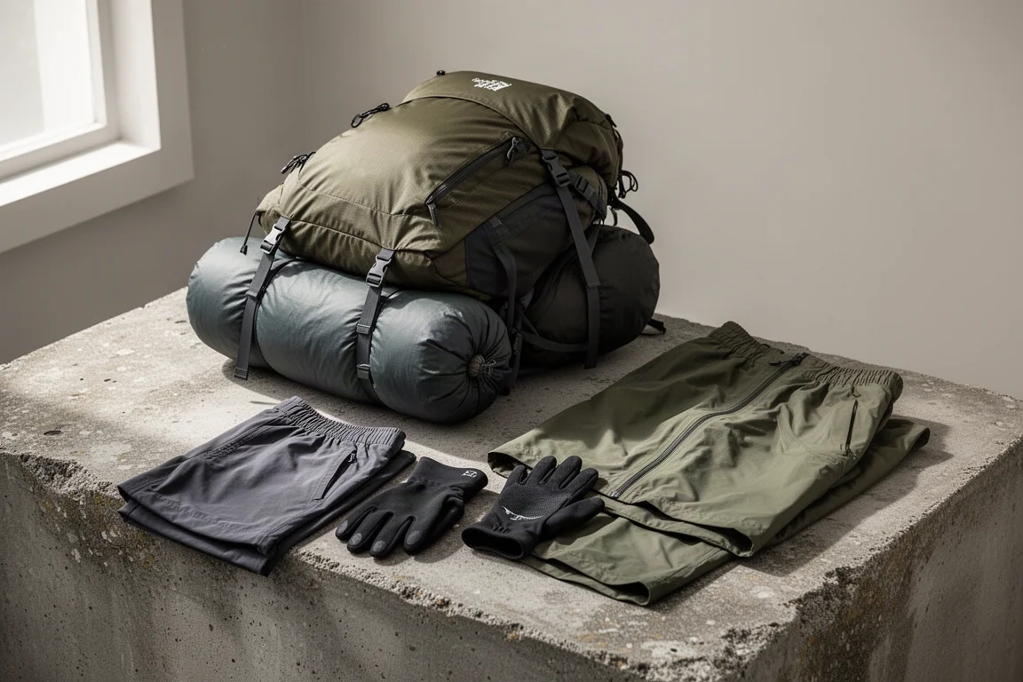 Sac à dos léger, abri, short, gants et veste de pluie disposés sur du béton