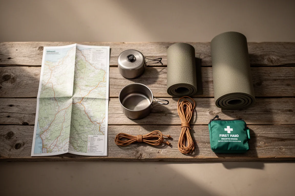 Draufsicht auf flach ausgelegte Ultraleicht-Backpacking-Essentials auf verwittertem Holz