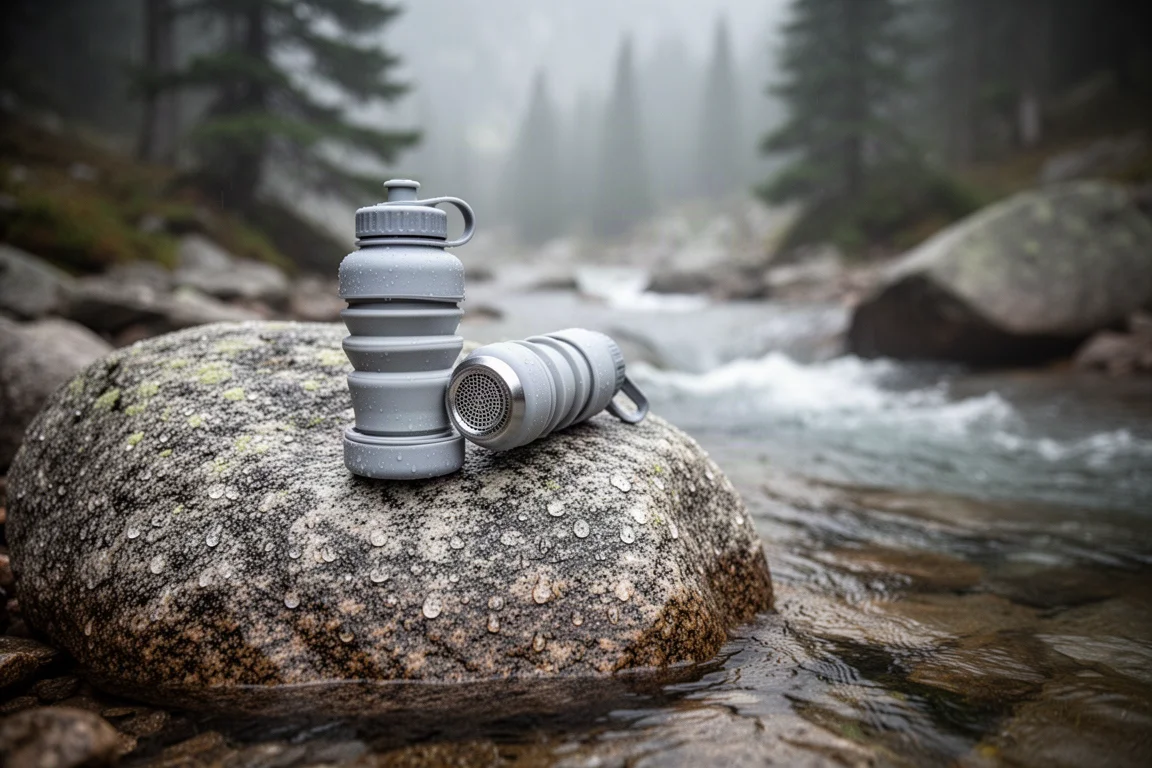 Wasserflasche und Filter auf nassem Granit neben einem flachen Bergbach