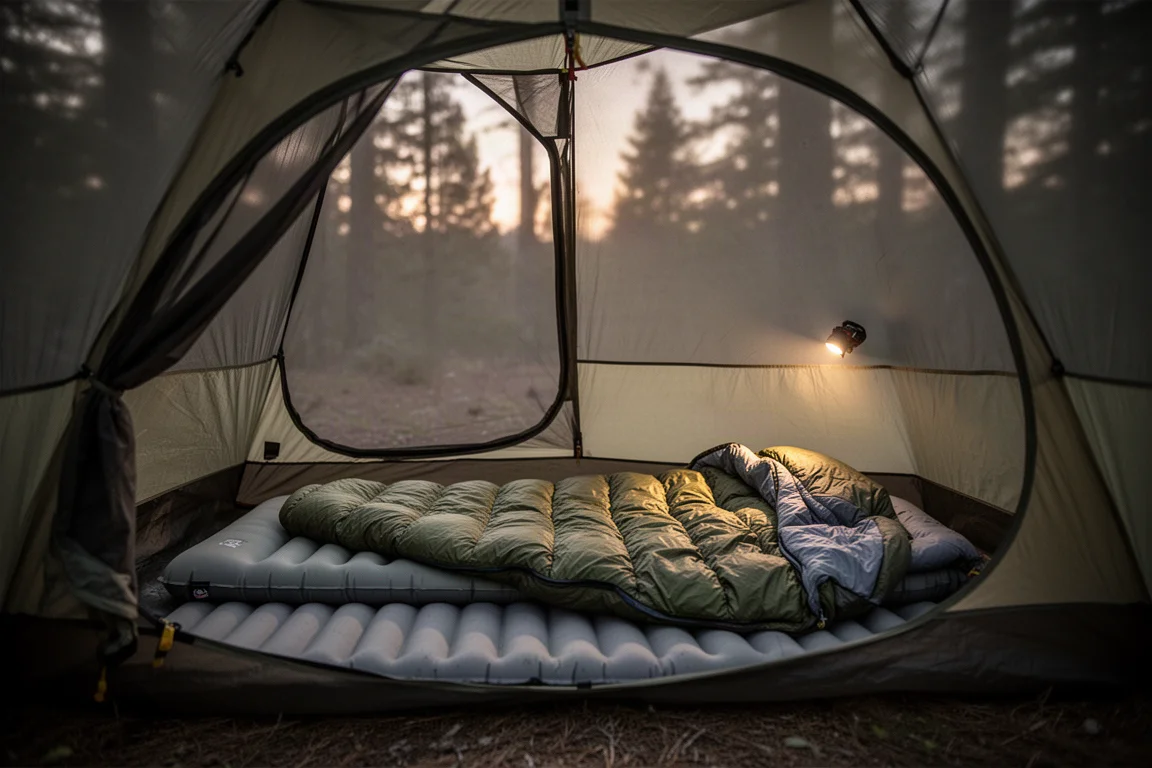 Innenansicht eines Ultraleicht-Zeltes in der Dämmerung mit ausgelegter Isomatte und Quilt