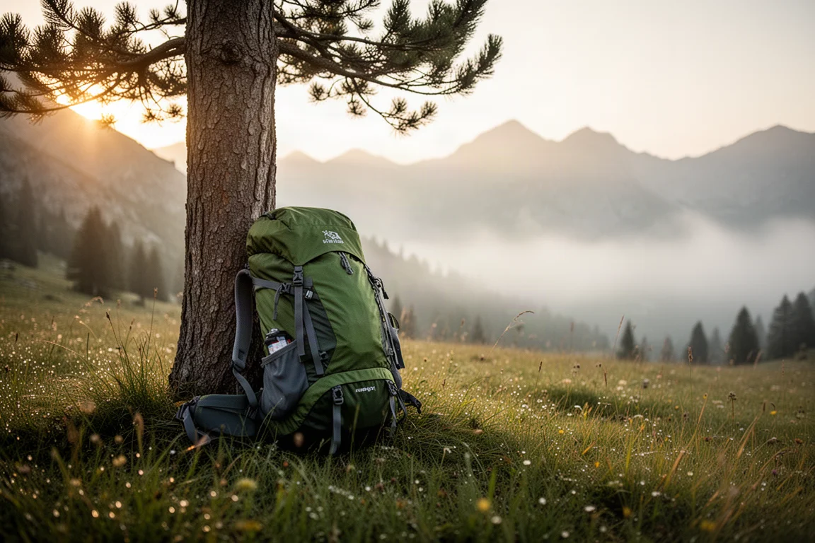 Beladener Rucksack lehnt an einer Kiefer auf einer nebligen Bergwiese im Sonnenaufgang