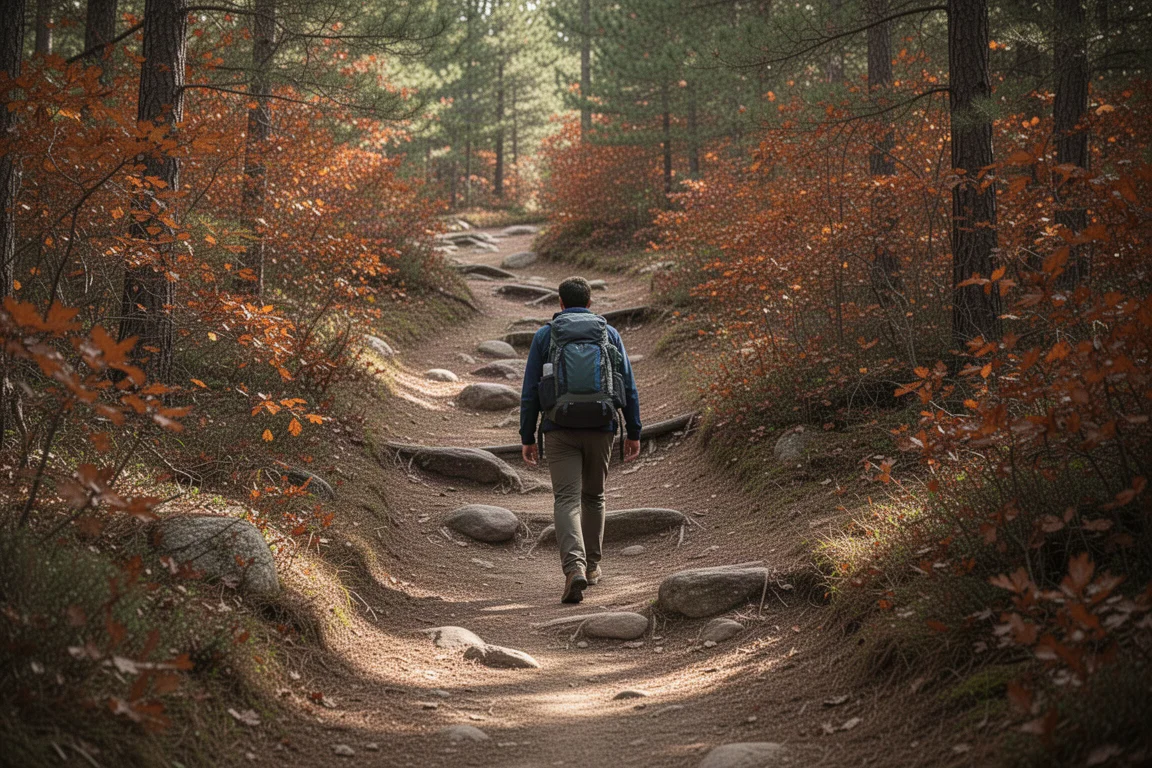Backpacker wandelt over een glooiend bospad tijdens piekherfstkleuren