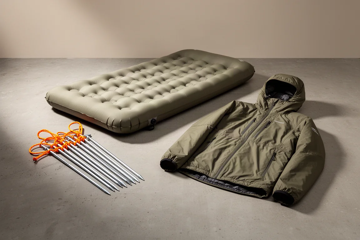 Lightweight tent stakes, a large inflated sleeping pad, and a compact synthetic hoodie on concrete