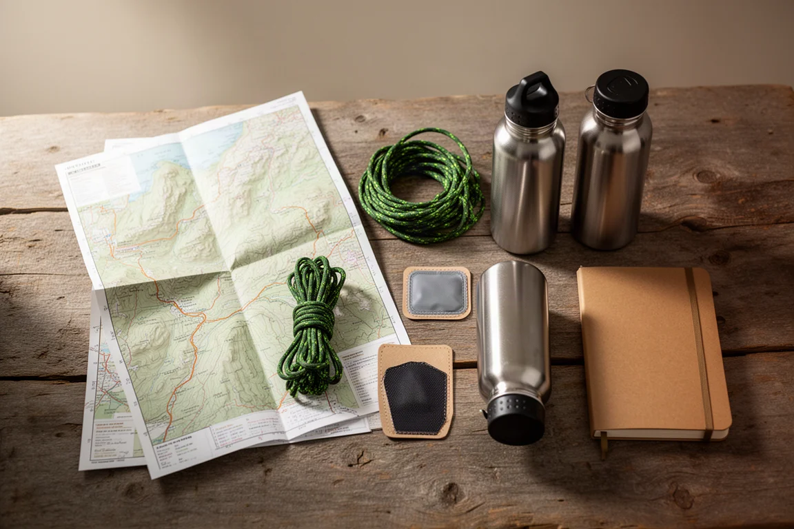 Overhead flat-lay of backpacking planning items on weathered wood