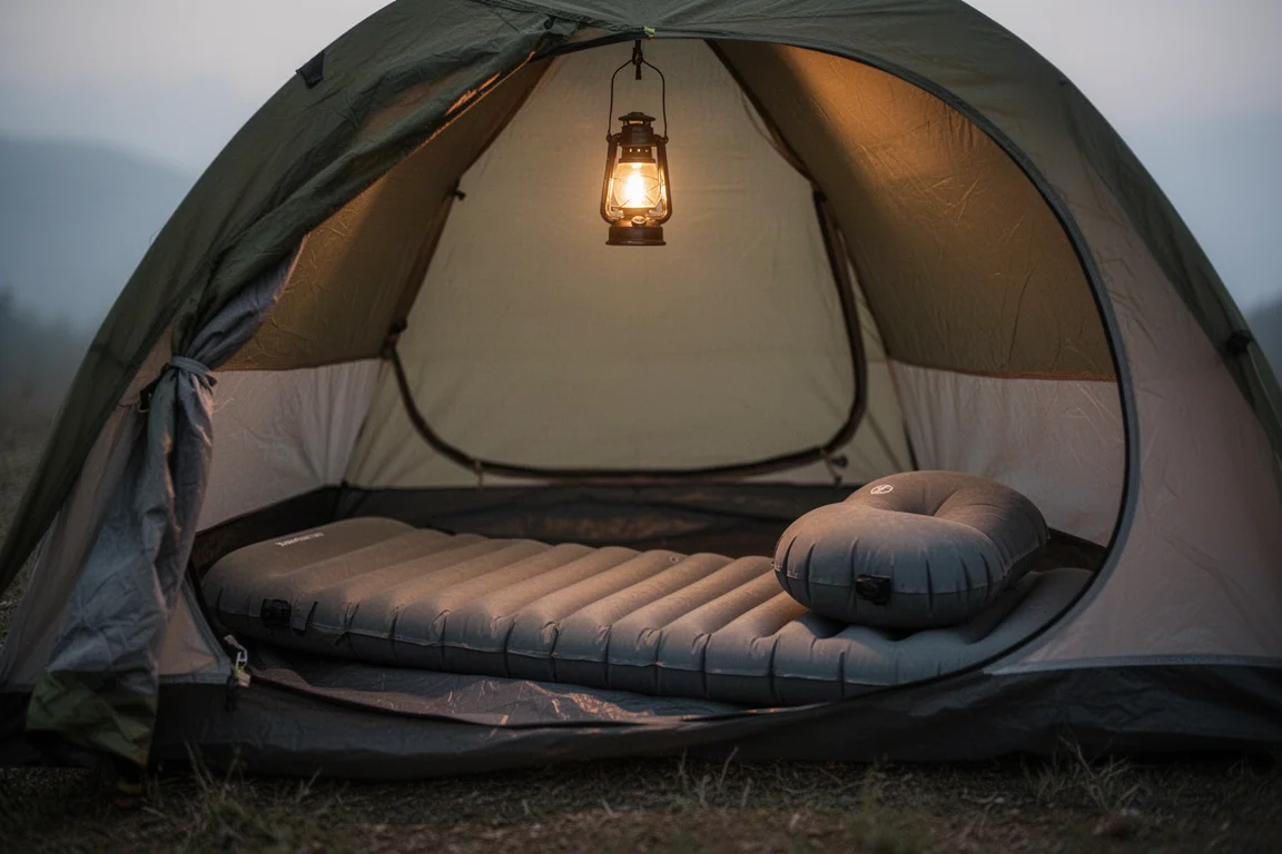 Tent interior at dusk with a sleeping pad, pillow, and warm lantern light