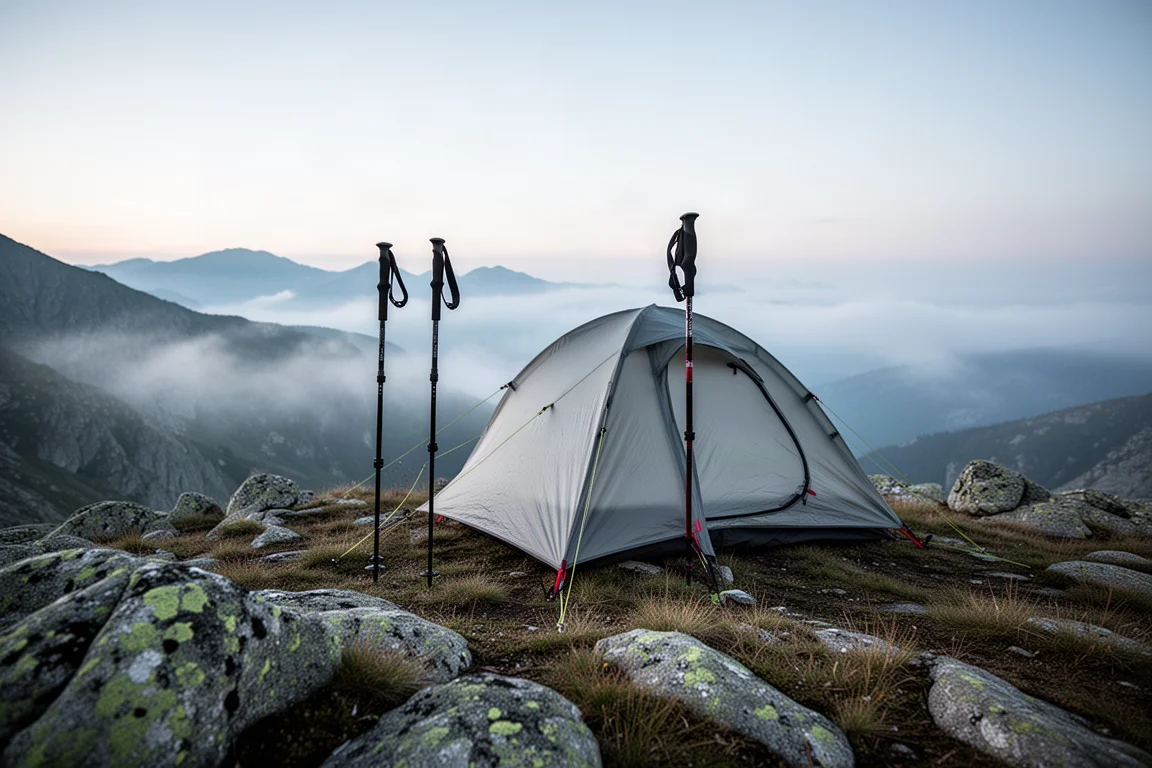 Lightweight trekking pole tent pitched on an alpine ridge at dawn