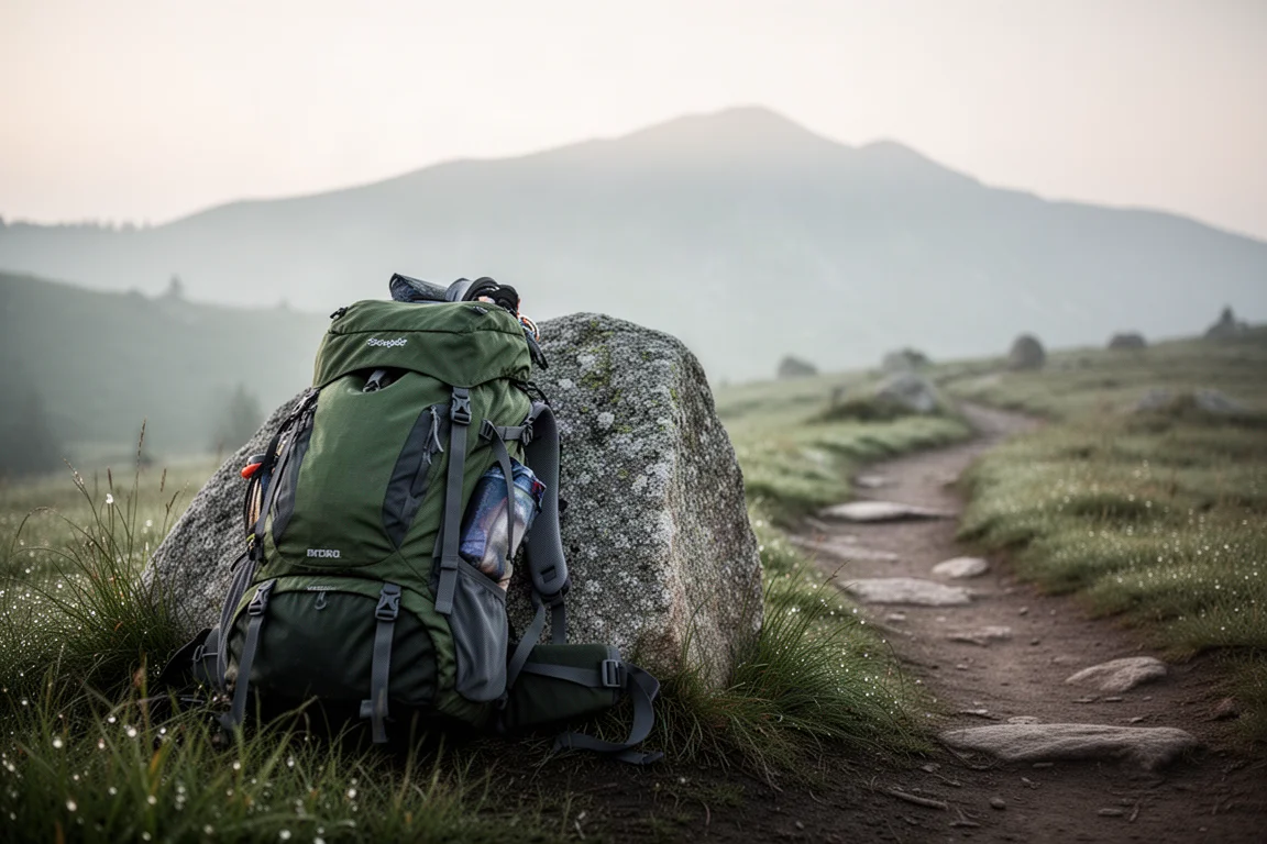 Loaded hiking backpack leaning against a boulder at a trailhead