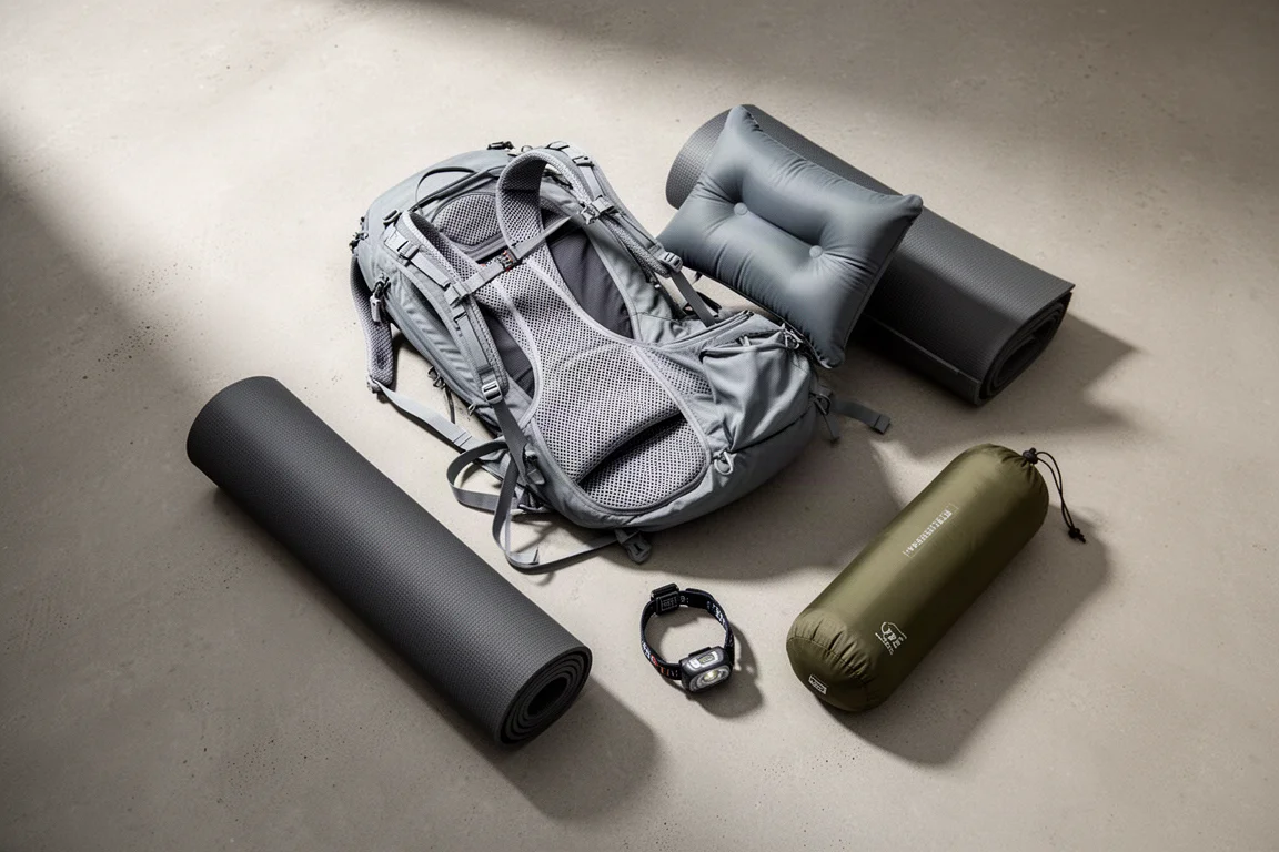 Overhead arrangement of backpacking gear including a backpack, sleeping pad, pillow, and headlamp