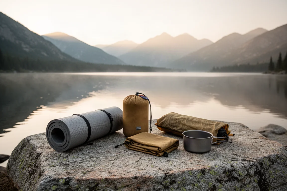 Backpacking gear laid out on a granite slab beside a mountain lake at sunrise